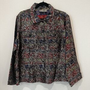 Chico’s Size 3 Multicolored Silk Blend Jacket Asian Inspired Abstract Flaw Read